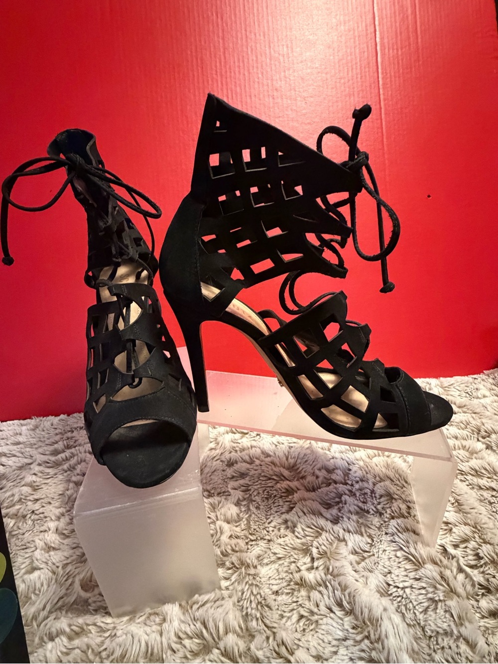 SCHUTZ Black Suede Caged Lace-Up w/Laser Cutout High Heel Sandals